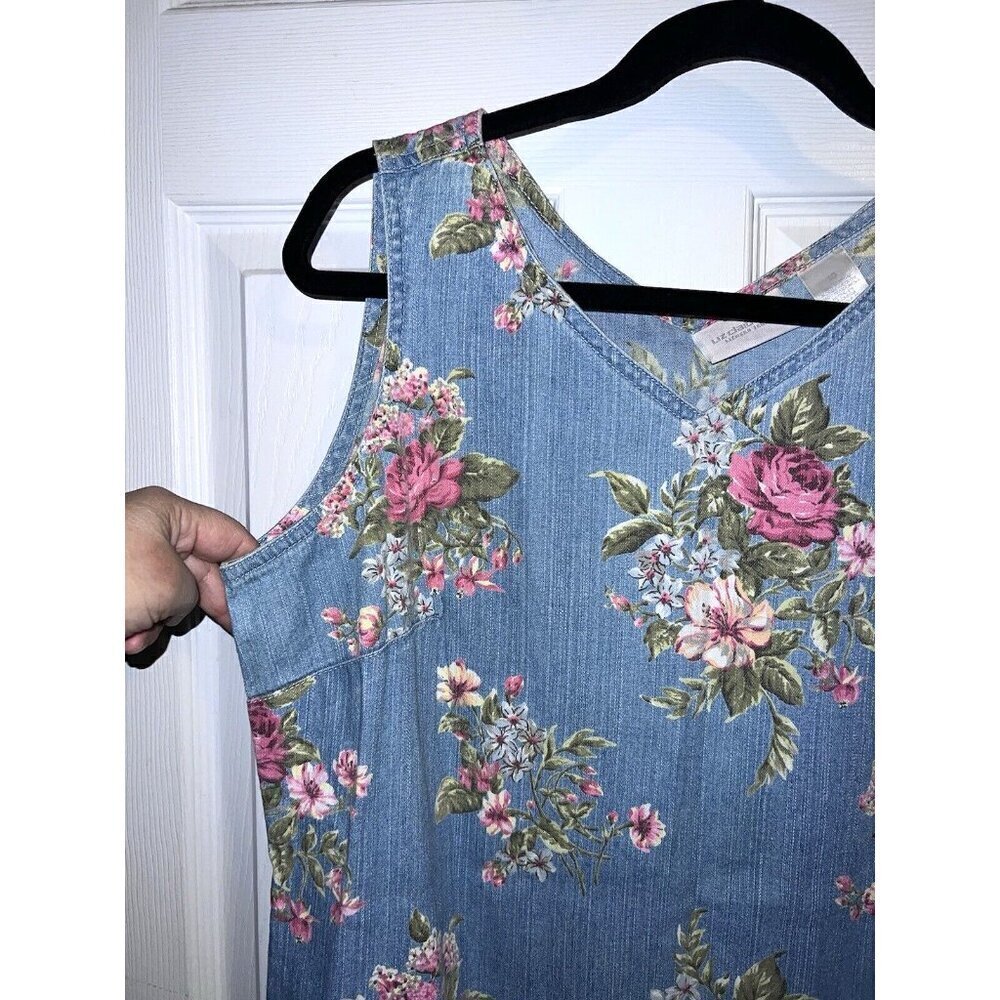 LIZ CLAIBORNE Y2K Jean Jumper Light Blue Pink Roses Cottagecore Dress Sz 10 - Picture 6 of 15